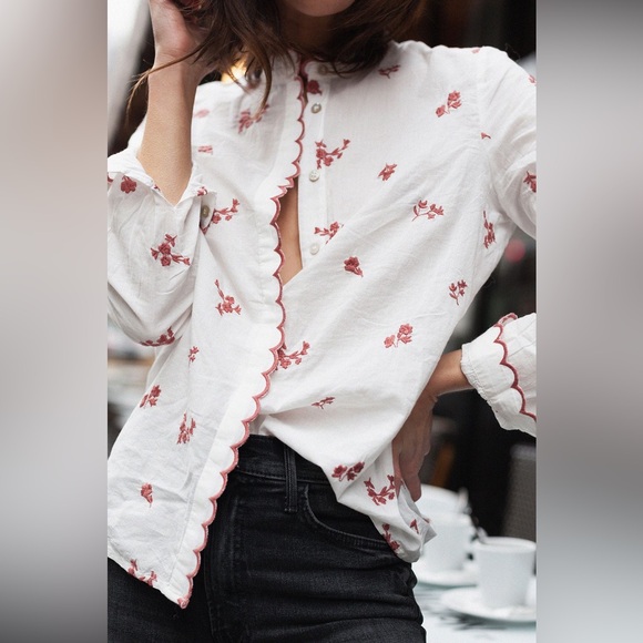 Sezane Red Embroidered White Scalloped Shirt 34 - Picture 1 of 7